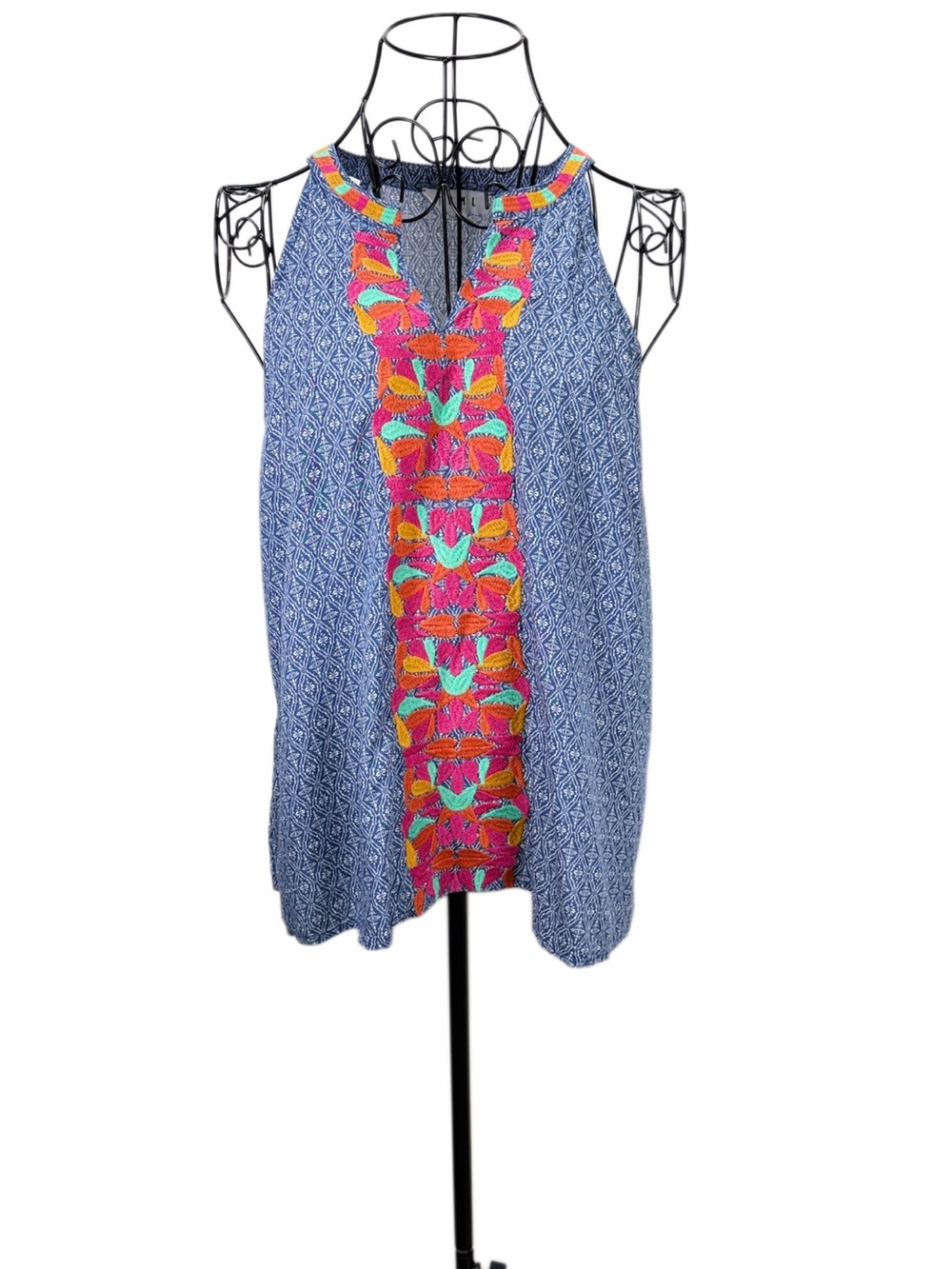 THML Blue Sleeveless Blouse with Pink Orange Yellow Trim